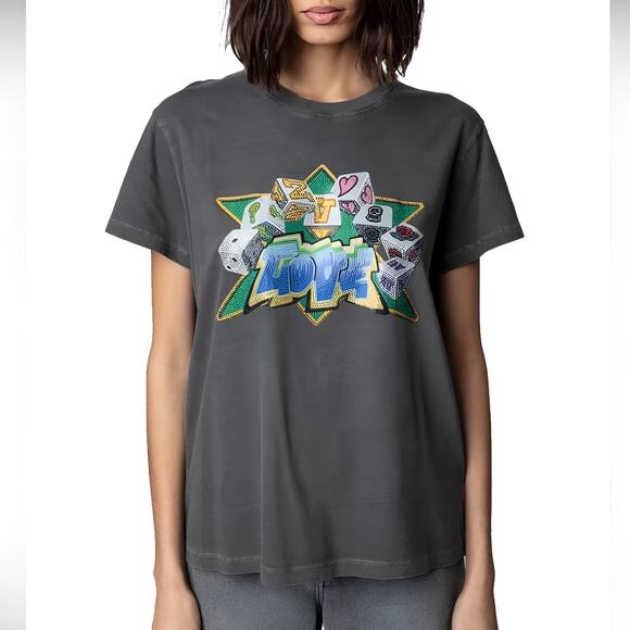 Zadig & Voltaire Womens Streetwear Punk Zoe Core‎ Love Strass Graphic T-Shirt S - Picture 1 of 7